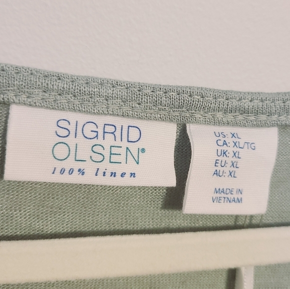 Sigrid Olsen | Women's Light Green Linen Short Sleeve Blouse (Size XL) - Picture 2 of 12